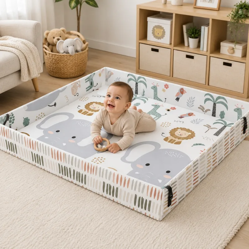 Alfombra de Gateo Plegable con Bordes Reversible Selva y Líneas Modernas Premium Baby