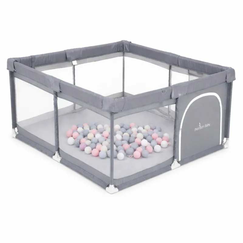 Corral de Juego Plegable Premium Baby con 50 Pelotas Gris y Rosadas y Aros de Apoyo