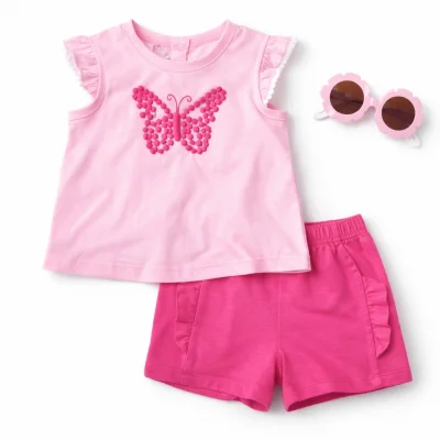 Set para bebé niña blusa con mariposa en relieve y short con detalle de vuelos