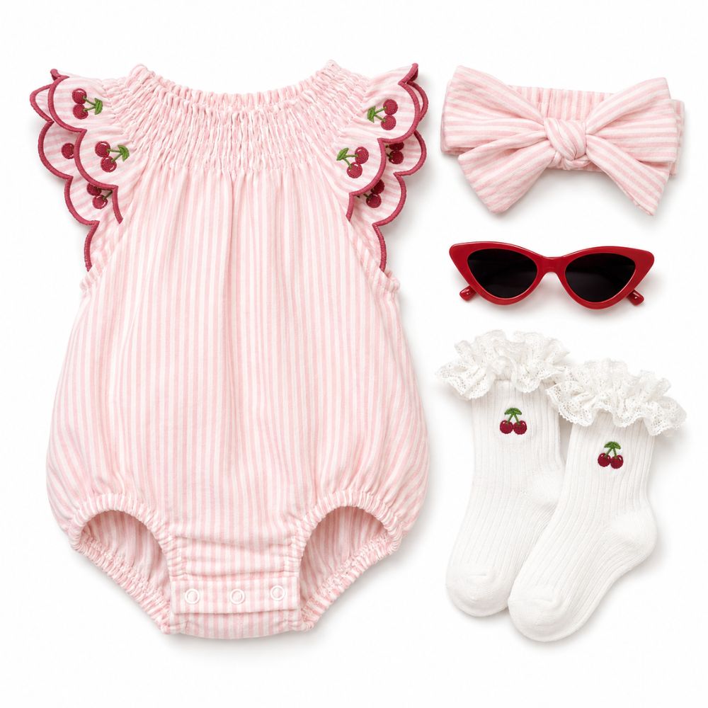 Set para Bebé Tiny Tots Romper Vincha Calcetines y Lentes Diseño Cerezas Rosado