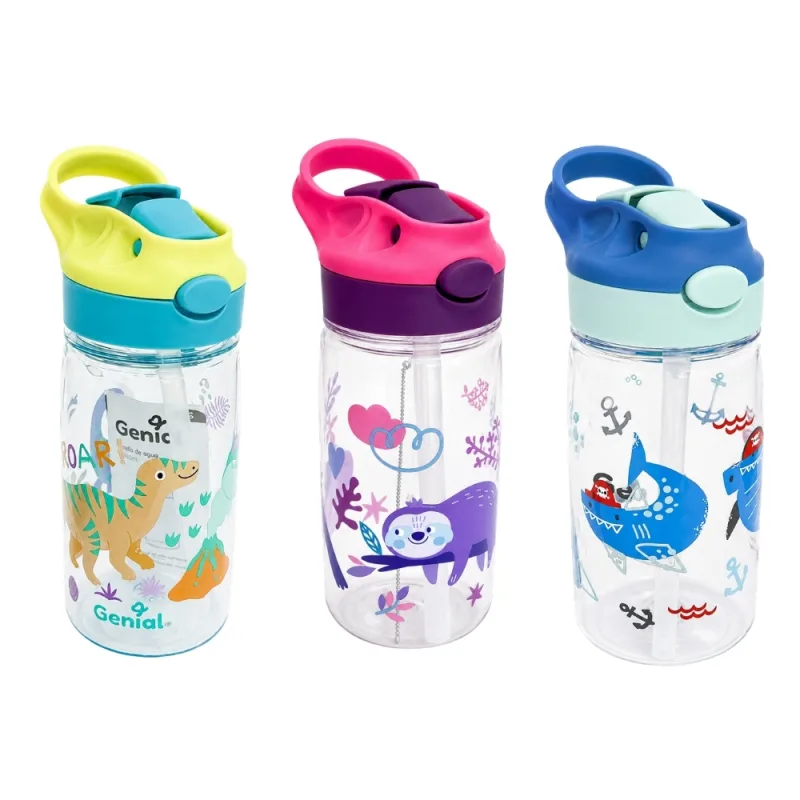 Botella de Agua para Niños Genial 500 ml con Pajilla y Tapa Abatible Diseños Surtidos