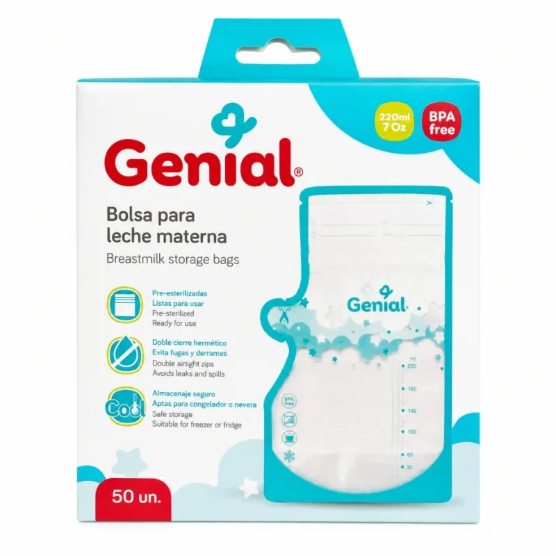 Bolsas para Almacenar Leche Materna Genial 220 ml Caja con 50 Unidades