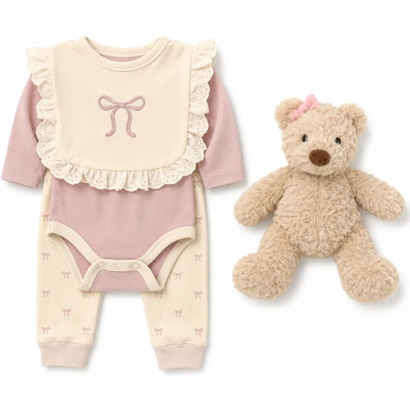 Conjunto para Bebé Wakid’s 4 Piezas con Osito Rosado y Crema