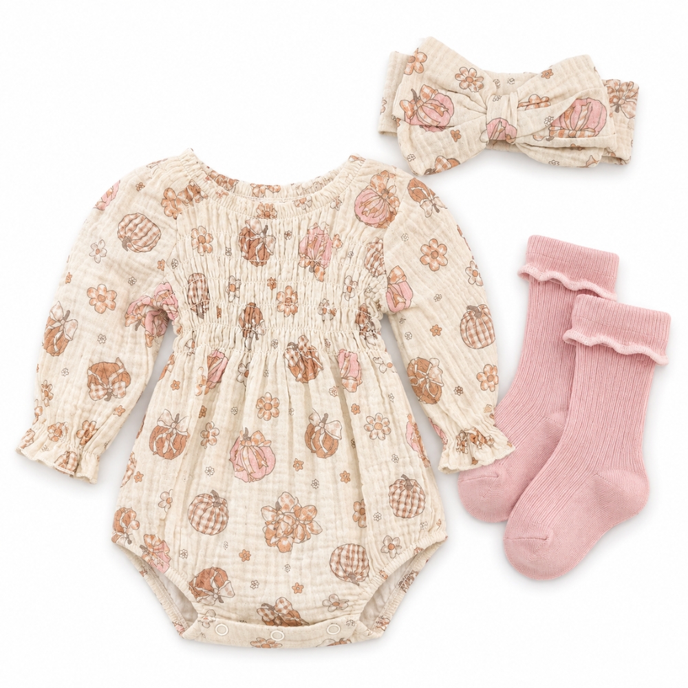 Conjunto para Bebé de 3 Piezas con Mameluco Floral Diadema y Calcetines