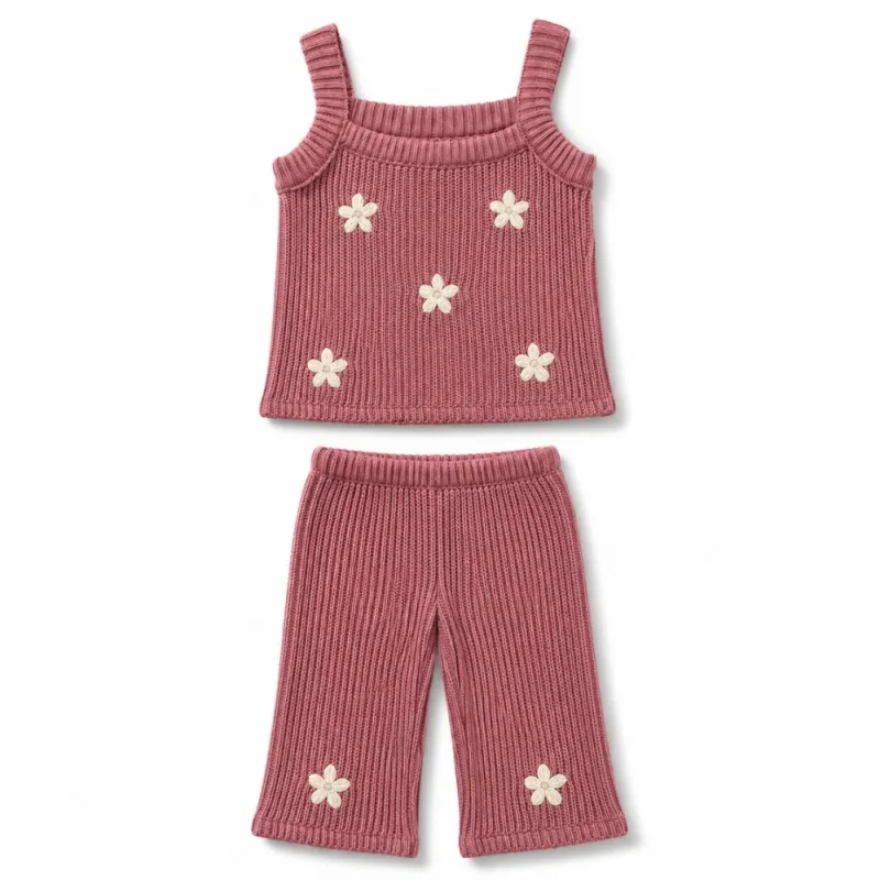 Conjunto Tejido para Bebé Blusa y Pantalón Floral Rosado