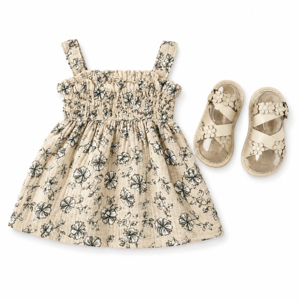 Conjunto para Bebé de Vestido Floral con Sandalias de Flores