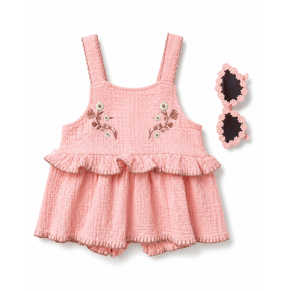 Romper para Niña con Falda y Bordado Floral Rosado