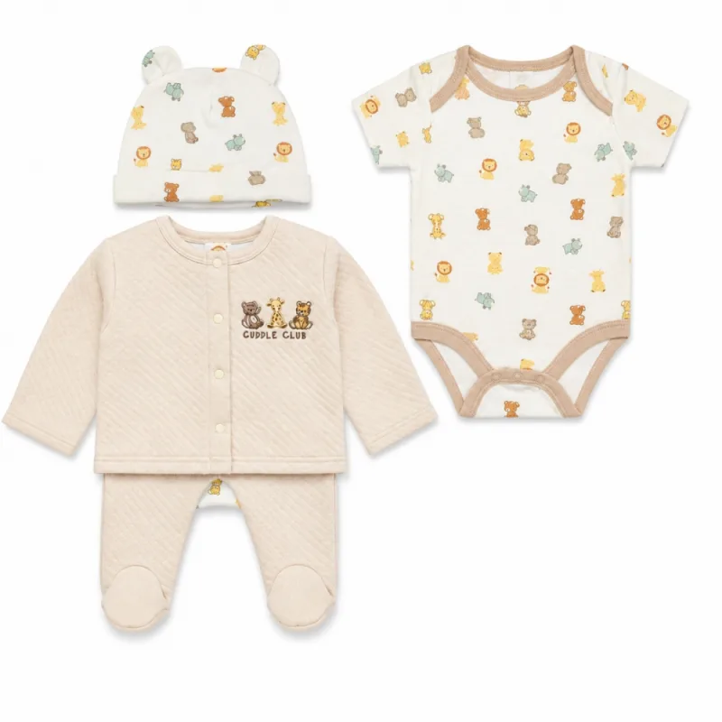 Conjunto para Bebé de 4 Piezas con Body Estampado Suéter Pantalón y Gorro