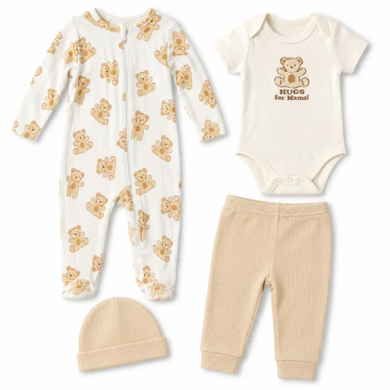 Set de Ropa para Bebé con Pijama Body Pantalón y Gorro Diseño Ositos