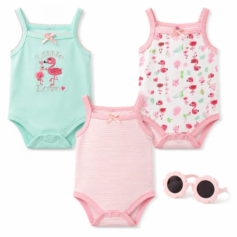 Set de 3 Bodys de Tirantes para Bebé Niña con Flamencos y Rayas