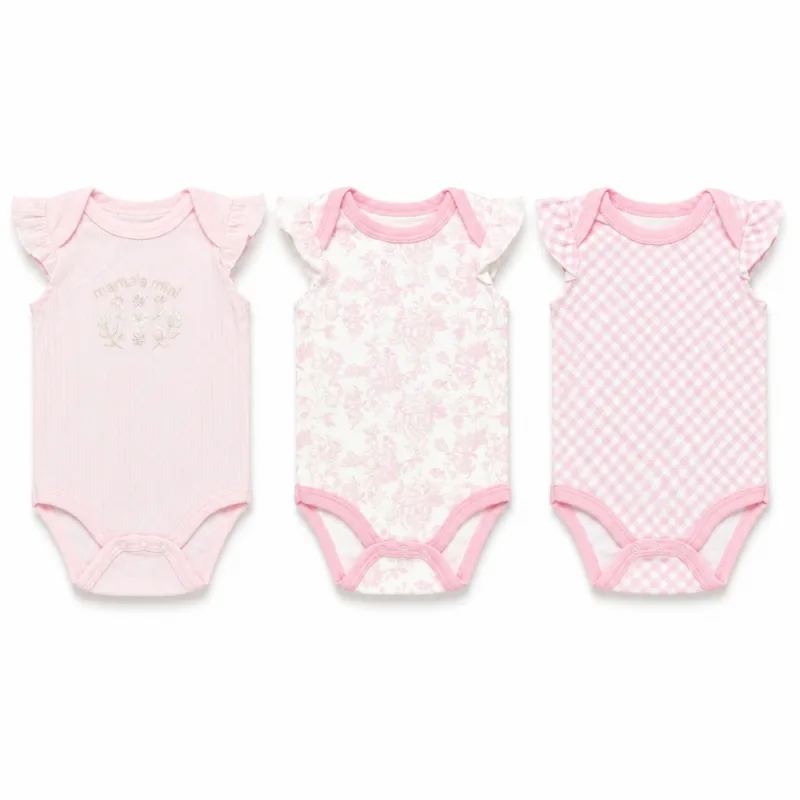 Set de 3 Bodys para Bebé Niña con Mangas de Volantes Diseño Floral y Cuadros