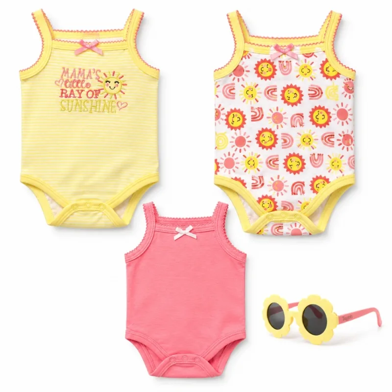 Set de 3 Bodys para Bebé Niña de Tirantes con Diseño de Soles y Rayas