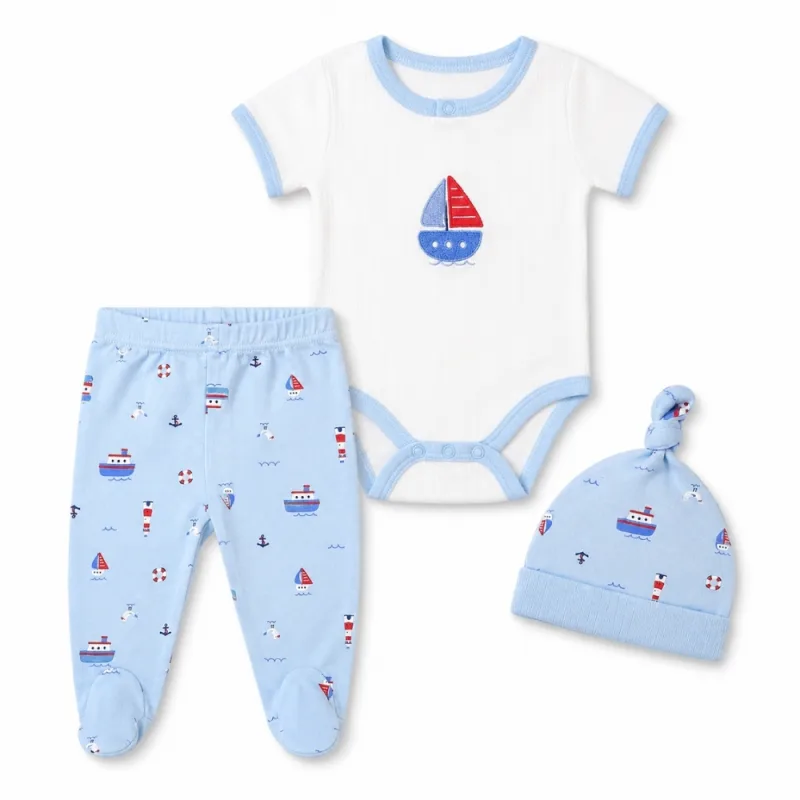 Conjunto para Bebé de 3 Piezas con Body Barquito Pantalón y Gorro