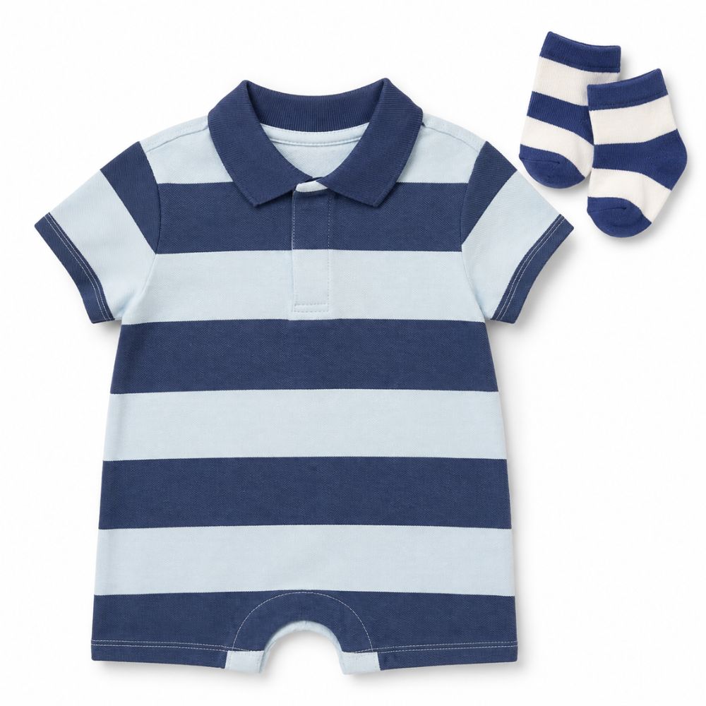 Romper para Bebé Bearpaw Tipo Polo a Rayas Azul con Calcetines 3 a 6 Meses